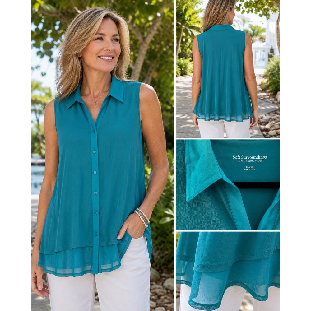 Soft Surroundings XL Turquoise Blue Layered Mesh Sleeveless Tunic Blouse Flowy